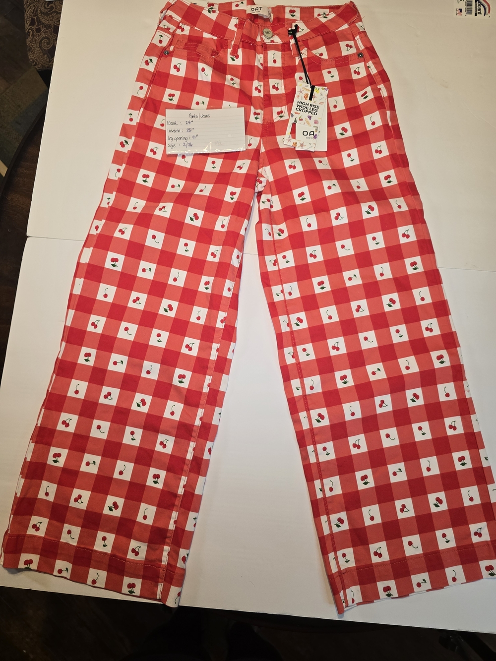 Oat New York Red & White Gingham Cherry Print Wide-Leg Pants